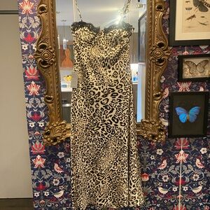 Astr Leopard Print Midi Slip Dress in Beige and Black